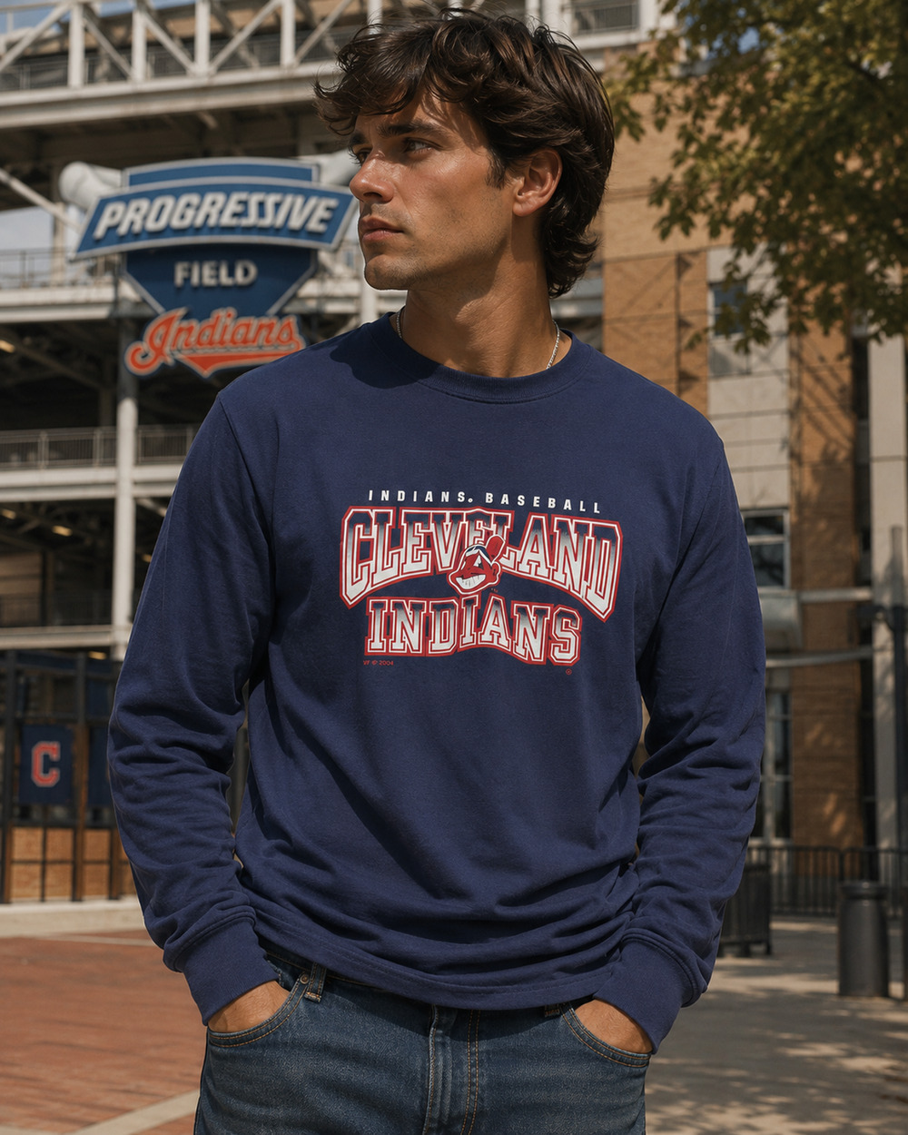 Mens Vintage Cleveland Indians Russell Athletic Baseball MLB L/S Shirt Medium